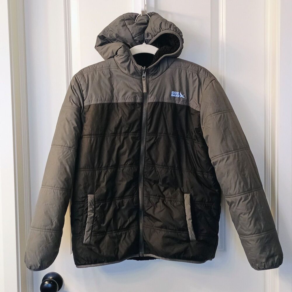 Eddie Bauer Kids Reversible Hooded Puffer Jacket Black Gray Size L 14/16